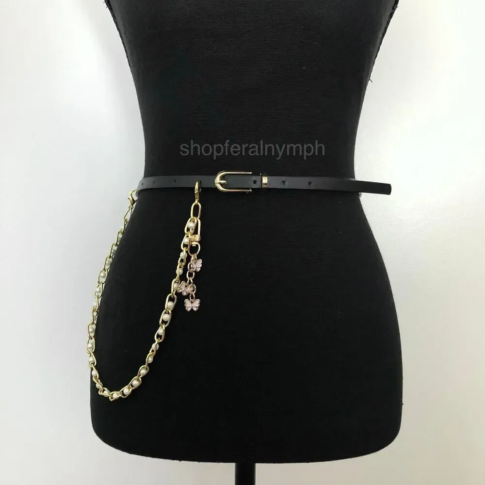 Vintage Y2K Coquette Butterfly Pearl Chain Belt, Fits 33.5–36 Inches, X7GA1194
